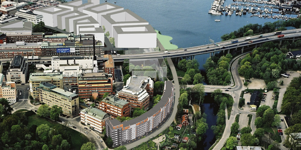 Stadshagen sett ovanifrån med nytt bostadskvarter utritat längs med vattnet, fotomontage.